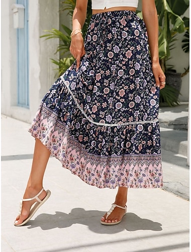 Femmes Jupe Trapèze Bohème Occasionnel Midi Taille haute Jupes Fleuri Avec Poches Imprimé Micro-Élastique Rue Quotidien Rouge Orange Bleu de minuit Abricot Été Rayonne