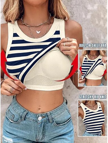  Damen Camisole-Tanktop Einfarbig Gestreift Täglich Lässig Ärmellos Rundhalsausschnitt Normale Oberteile Täglich Druck Schwarz Hellgrün Marineblau Grün Sommer Frühling Built-in Bra Ribbed