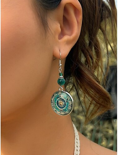  Boho Mandala Ohrhänger für Damen – Vintage Glaskuppel mit grünen Perlen, künstlerischer Ethnoschmuck für Festivals, Reisen und den Alltag