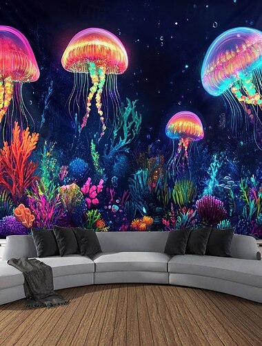  Tapisserie noire lumineuse qui brille dans le noir pour une fête lumineuse réactive aux UV avec des méduses océaniques paysage naturel brumeux psychédélique tapis mural décoratif suspendu pour le