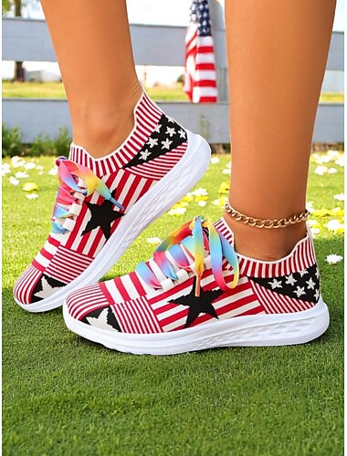  Damen-Flyknit-Sneaker zum 4. Juli mit bunten Regenbogen-Schnürsenkeln – atmungsaktive Laufschuhe mit Sternen und Streifen für den Unabhängigkeitstag und den sportlichen Alltagsstil
