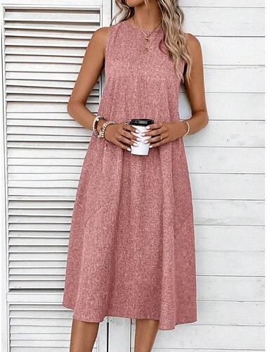  Damen Midikleid Shiftkleid Sommerkleid Lässig Täglich Normale Passform Einfarbig Ärmellos Rundhalsausschnitt Rosa Marineblau Blau Sommer