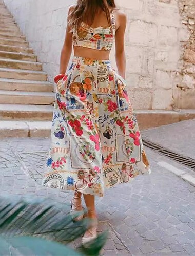  Femmes Mode Streetwear Chemises en coton et lin Ensembles en coton et lin Jupe Ensembles Sans manches Col de chemise Fruit Imprimé Tenue quotidienne Date Beige Été Coupe régulière