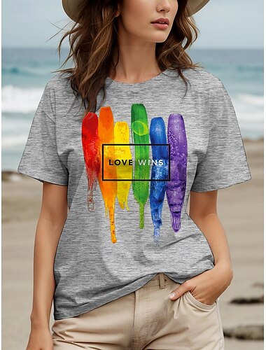  LGBT Pride Parade Pride Raindow Damen T-Shirt Baumwollshirt Grafik Regenbogen Buchstabe Vintage Stilvoll Klassisch Kurzarm Rundhalsausschnitt Normale Oberteile Alltagsdruck Schwarz Weiß Grau Sommer Frühling