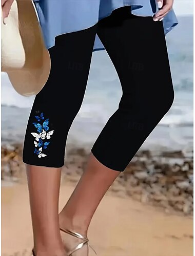  Damen Caprihose Leggings Urlaub Vintage Mode Wadenlang Hohe Taille Grafik Schmetterling Bestickt Tasche Drucken Atmungsaktiv Weich Dehnbar Outdoor Urlaub Straße Schwarz Weiß Sommer Frühling Schmale