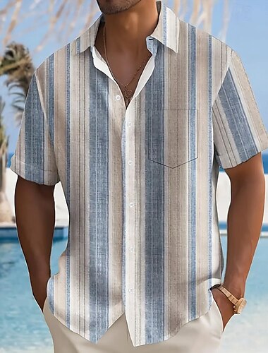  Herren Geometrisch Gestreift Hemd Sommerhemd Knopfhemd Kurzarm Modisch lässig Urlaub Ferien Streetwear Sommer Umlegekragen 3D-Druck Eine Tasche vorne Leinenähnliches Hemd Khaki