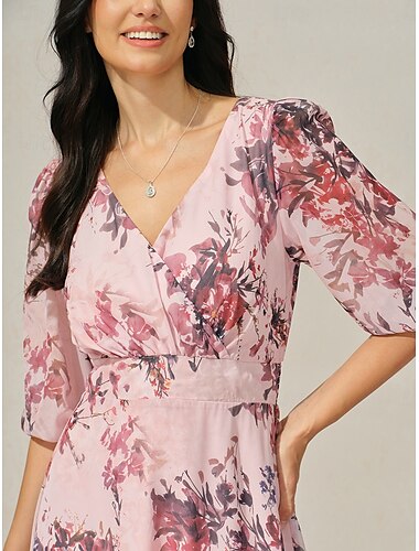  Damen Midikleid Chiffon-Kleid Elegant Stilvoll Puffärmel Hochzeit kleid hochzeitsgast Täglich Regular Fit Blumen Halbe Ärmel V Ausschnitt Rosa Sommer Frühling Herbst