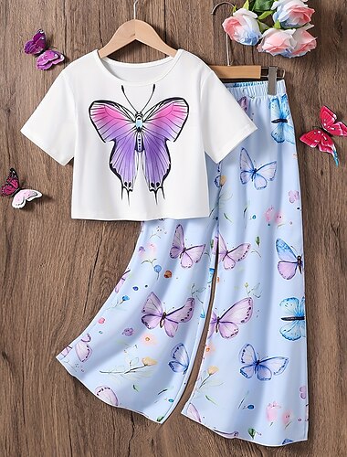  2 Pezzi Bambini Ragazze Animale Girocollo Completo pantalone Impostato Manica Corta Moda Casuale 7-13 Anni Estate Bianco