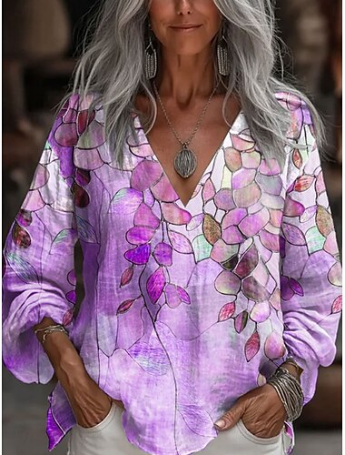  Damen Bluse Blumen Grafik Pflanzen Stilvoll Lässig Langarm Dreiviertelarm V Ausschnitt Normale Oberteile Täglich Blau Purpur Orange Grün Sommer Frühling