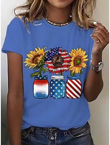  Women's Patriotic  T Shirt Graphic Flag Vintage Stylish Casual Short Sleeve Crew Neck Regular Tops Daily Weekend Print Black White Pink Blue Purple Summer Spring