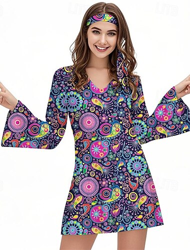  Retro Vintage Boho 1970er Kleid Stirnband Hippie Disco Blumen Damen Halloween Karneval Urlaub Musikfestival Festival Erwachsene Kleid Stirnband