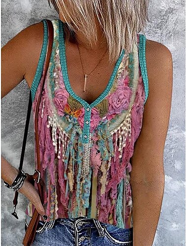  Dam Camisole linne Grafisk Färgblock bohemliv Stylish Retro / vintage Ärmlös Ärmlös V-hals Crop Tops Dagligen Utekväll Standkläder Mönster Rodnande Rosa Brun Grön Sommar Vår