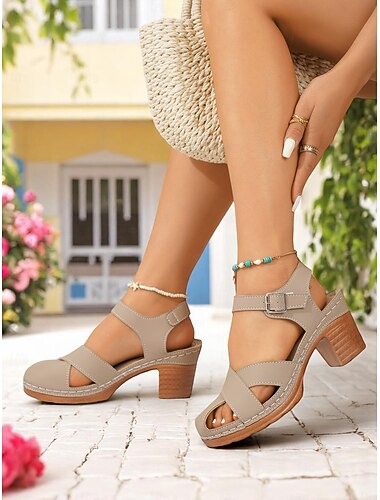  sandálias femininas de salto grosso com tira ajustável – sapatos confortáveis estilo peep toe retrô para festas de verão em jardins e eventos ao ar livre