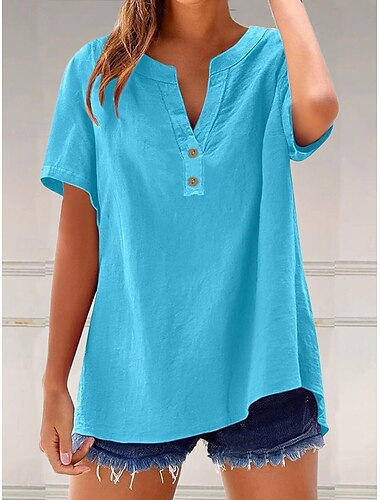  Femmes Chemisier Couleur Unie Uni ancien Élégant Occasionnel Manche Courte Col en V Encolure en V Hauts Réguliers Quotidien Fête Boutons Vert Claire Bleu Marron Gris Bleu clair Été Printemps