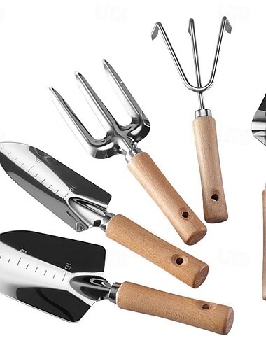  5-delige tuingereedschapset van roestvrij staal, robuuste handtuinset met schep, hark, wietplant, troffel en draagbare opbergruimte