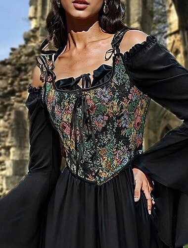  Rétro Vintage Médiéval Renaissance Corset Veste Bustier Ren Faire À lacets Fleuri Jacquard Femmes Celtique Fantaisie Royal Halloween Carnaval Soirée Décontracté Quotidien LARP Adulte Corset