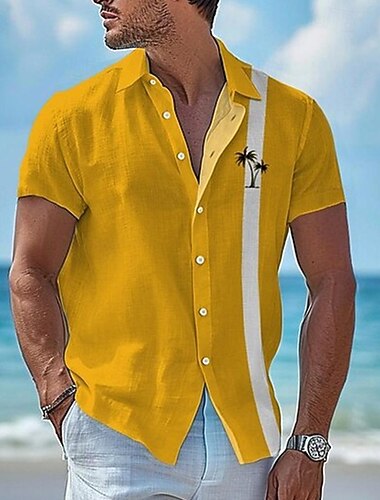  Voor heren Overhemd Zomer overhemd Normaal shirt Strand hemd Overhemd met knopen Geel Licht Blauw Korte mouw Kokosnootboom Revers Vakantie Hawaii Afdrukken Kleding Polyester Modieus Casual Comfortabel