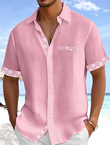  Herren Kokospalme Tropische Pflanzen Sommer Hawaiihemd Knopfhemd Alohahemd Kurzarm Hawaiianisch Urlaub Ferien Strandbekleidung Sommer Umlegekragen 3D-Druck Eine Tasche vorne Leinenähnliches Hemd Rosa