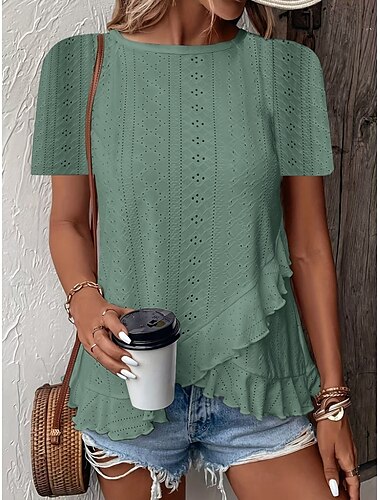  Women's T Shirt Solid Color Plain Basic Casual Short Sleeve Crew Neck Regular Tops Daily Weekend Ruffle Eyelet White Yellow Pink Green Summer