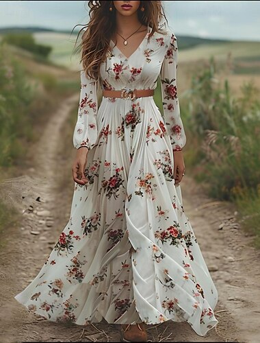  Damen Langes Kleid Maxikleid Boho-Kleid Westernkleid Mode Modern Outdoor Urlaub Ausgehen Normale Passform Blume Langarm V Ausschnitt Elfenbein Sommer