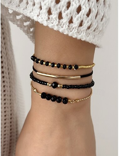  Damen-Armbandset im Bohème-Stil mit schwarzen Perlen, Goldverzierung, verstellbar, modischer und trendiger Schmuck, geeignet für den Alltag, Reisen und Partys