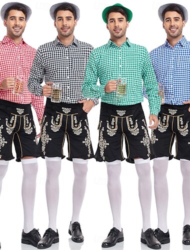  Oktoberfest Costume Tenues Lederhosen Chemise Femme de ménage Bavarois Munich Prairies Homme Carnaval Fête de la Bière Tissu de style traditionnel