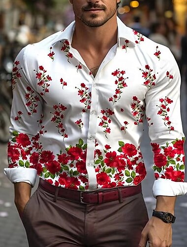  Herren Blumendruck Blumen Hemd Durchgeknöpft Hemd Hawaiihemden Langarm Hawaiianisch Outdoor Urlaub Ferien Sommer Frühling Umlegekragen 3D-Druck Hemden mit Kragen Rote Blau Purpur