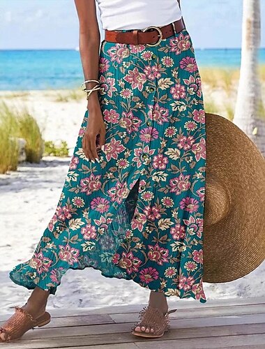  Femmes Jupe Occasionnel Boho Maxi Taille Basse Jupes Fleuri Imprimé Fendu Micro-Élastique Vacances Rue Vert foncé Été Polyester