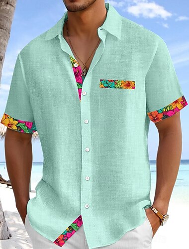  Herren Hemd Leinenhemd Sommerhemd Strandbekleidung Knopfhemd Einfarbig Urlaub Kreuzfahrt Schwarz Weiß Orange Grün Kurzarm Kragen Sommer Frühling & Sommer Bekleidung Farbblock