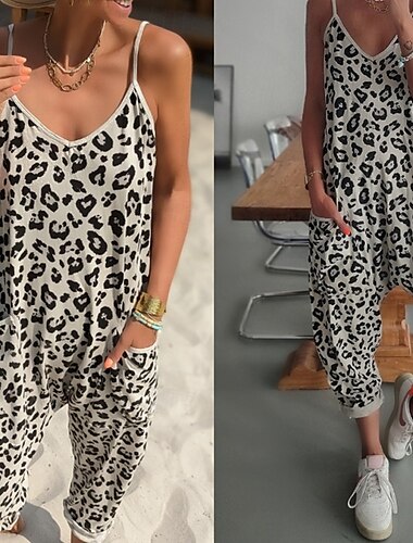  Dame Normal Kjeledresser Gatemote Leopard Ermeløs V-hals Trykt mønster Gate Ut på byen Normal Hvit Sommer