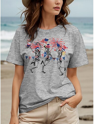  女性の愛国的Tシャツ コットンシャツ グラフィック フラッグ スカル ヴィンテージ スタイリッシュ クラシック 短袖 クルーネック ラウンドネック レギュラートップス デイリー プリント ブラック ホワイト グレー サマー