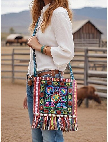  Bunte Umhängetasche für Damen im Boho-Stil mit Fransenstickerei – Schultertasche aus Canvas im Ethno-Tribal-Stil mit Quasten und Holzperlen für Festivals, Reisen und Freizeitausflüge