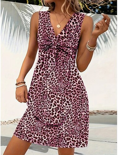  Damen Minikleid A Linie Kleid Unterkleid Schulterfreies Kleid Lässig Outdoor Ausgehen Standard Passform Leopard Ärmellos V Ausschnitt Schwarz Wein Blau Purpur Sommer