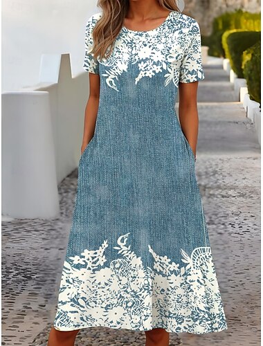  Damen Midikleid T-Shirt-Kleid Shiftkleid Sommerkleid Formell Urlaub Täglich Normale Passform Blumen Kurzarm Rundhalsausschnitt Weiß Hellgrün Rosa Blau Sommer Frühling
