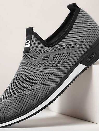  Ανδρικά γκρι πλεκτά slip-on αθλητικά παπούτσια με ελαστική εφαρμογή - αναπνεύσιμα, εύκαμπτα υποδήματα για τρέξιμο, αθλήματα και ενεργό τρόπο ζωής