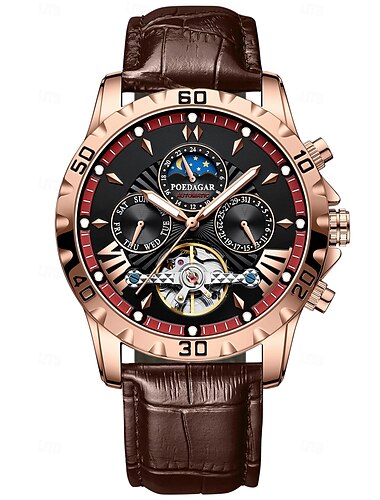  1410 Herren Automatische Mechanische Uhr – Multifunktionaler Tourbillon mit echtem Lederarmband Leuchtzifferblatt 30M wasserdicht Saphirglas Klassisch Business