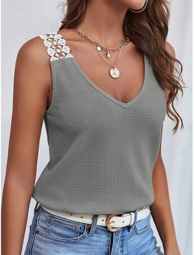  Femmes Débardeur caraco Couleur Unie Quotidien Occasionnel Sans manches Col en V Hauts Réguliers Quotidien Dentelle Patchwork Noir Rose Claire Abricot Gris Été