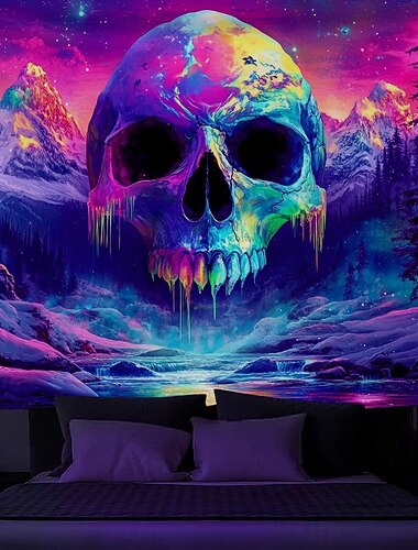  Blacklight Tapestry Glow in the Dark Glow Party UV Reactive Skull Aliens Trippy Forest Misty Nature Landscape Hanging Tapestry Wall Art Mural Living Room Bedroom