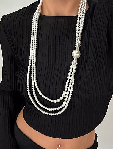  Colar longo Pérola Mulheres Elegante Moda Artistíco Multi Camadas Casamento Oval Colar Para Casamento Festa Diário