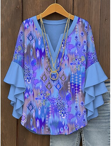  Vrouwen Retro Blouse Gelaagde Ruffle Mouw Tops Vintage Graphic Geometrisch Bohemia Vintage Dagelijkse 3/4 Lange Mouw V-Hals Reguliere Tops Dagelijkse Vakantie Kleding Print Geel Roze Blauw Paars Groen