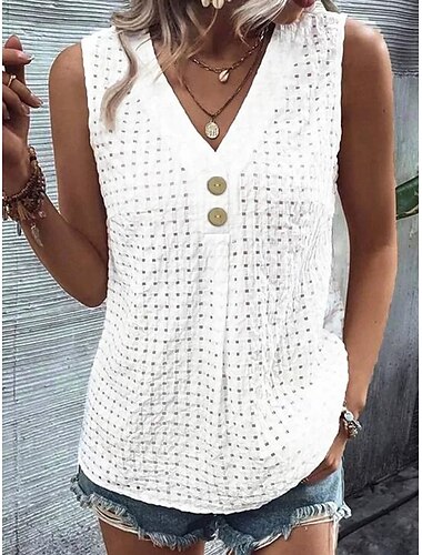  Femmes Chemisier Couleur Unie Élégant ancien Tropical Sans manches Col en V Hauts Réguliers Quotidien Fête Boutons Noir Blanche Vert Claire Rose Claire Bleu clair Été Printemps