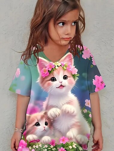  女の子 3D 猫 Tシャツ Ｔシャツ 半袖 夏 春 ファッション ベーシック 子供 4〜12年 クルーネック アウトドア カジュアル 日常 レギュラー