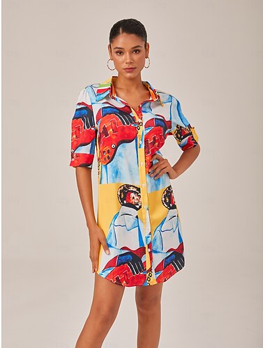  Maxi-Hemdkleid aus Satin mit künstlerischem Stillleben-Print