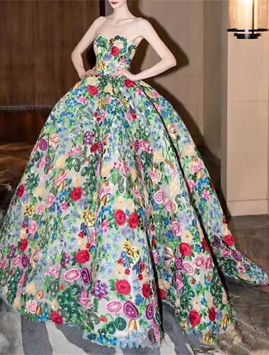  Abito da Ballo Quinceanera Vestiti Elegante Vestito Matrimonio Formale Lunghezza Piena Senza Maniche Senza Spalline Tulle Senza Schiena con Stampa Floreale Vestito Da Invitata
