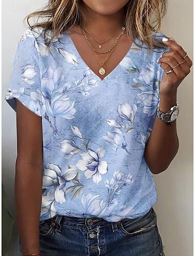  Dames T-shirt Bloemig Grafisch Planten Vintage Stijlvol Casual Korte mouw V-hals Normale tops Dagelijks Afdrukken Blozend Roze blauw Zomer Lente