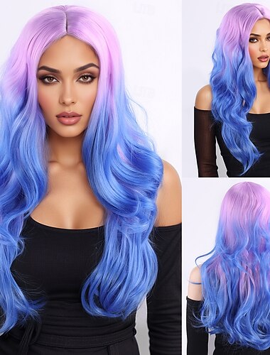  Synthetic Wig Wavy Deep Wave Layered Haircut With Bangs Machine Made Wig 24 inch A1 Synthetic Hair Women's Middle Part Classic Color Gradient Multi-color