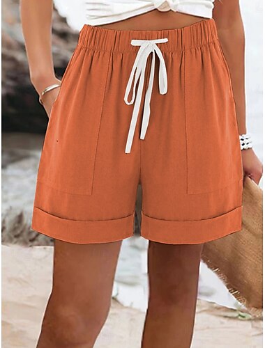  Damen Shorts Urlaub Vintage Lässig Kurz Mittlere Taille Einfach Elastischer Bund Urlaub Straße Orange Khaki Dunkelblau Hellblau Sommer Frühling Normale Passform