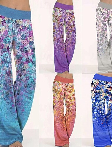  Dam Brett skaft Byxor Mode Boho Fullängd Naturlig Blommig Mönster Bekväm Utomhus Utomhus Semester Helgen Vin Ljus himmelblå Grå Blå Sommar Normal