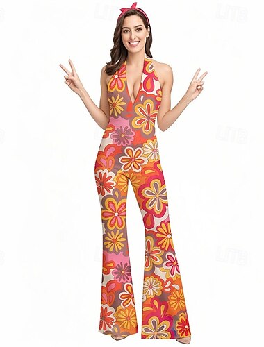  Retro Vintage Boho 1970er Schlaghosen Overall Hippie Disco Blumen Damen Halloween Karneval Urlaub Musikfestival Festival Erwachsene Jumpsuit