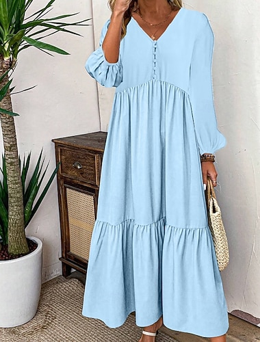  Per donna Abito Midi Finto cotone e lino Abito a Tubino Vestito a caftano Vestito Casual Moda Classico Moderno All'aperto Vacanza Ferie Vestibilità regolare Semplice Manica Lunga Scollo a V Nero Vino